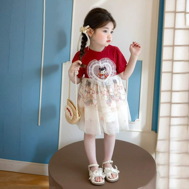 女宝宝夏季短袖T恤哪吒网纱公主裙2025新款中小童卡通连衣裙5岁裙