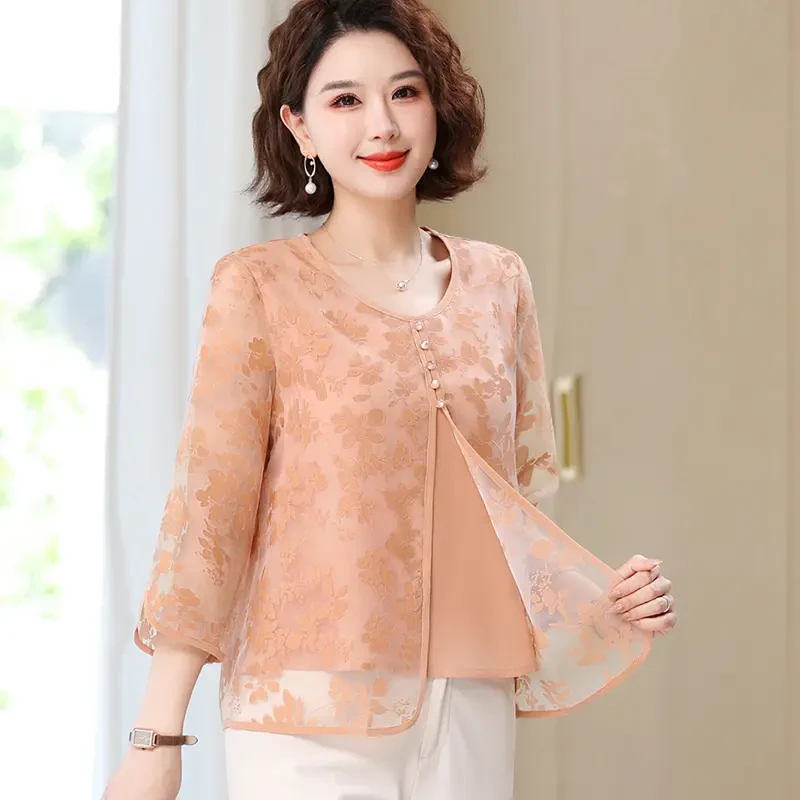 母亲节新中式妈妈夏装端庄大气女士中老年女装时尚洋气七分袖上衣