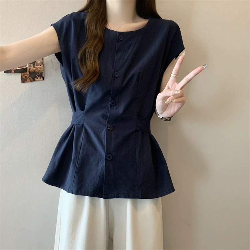 大码女装遮肚子设计感别致小众衬衫女夏季胖妹妹收腰显瘦棉麻上衣