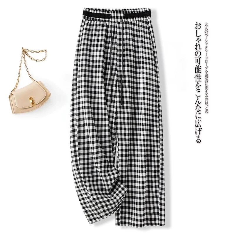 格子阔腿裤女夏季薄款2025年新款高腰宽松垂感九分直筒裤子休闲裤