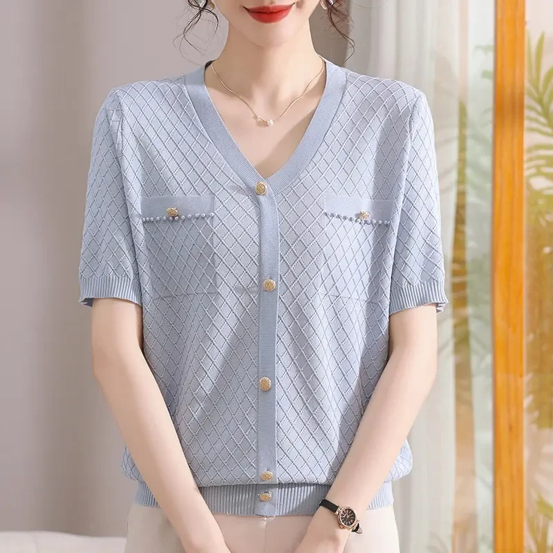 中年妈妈时尚针织冰丝短袖上衣中老年女装40岁50岁夏季洋气短袖