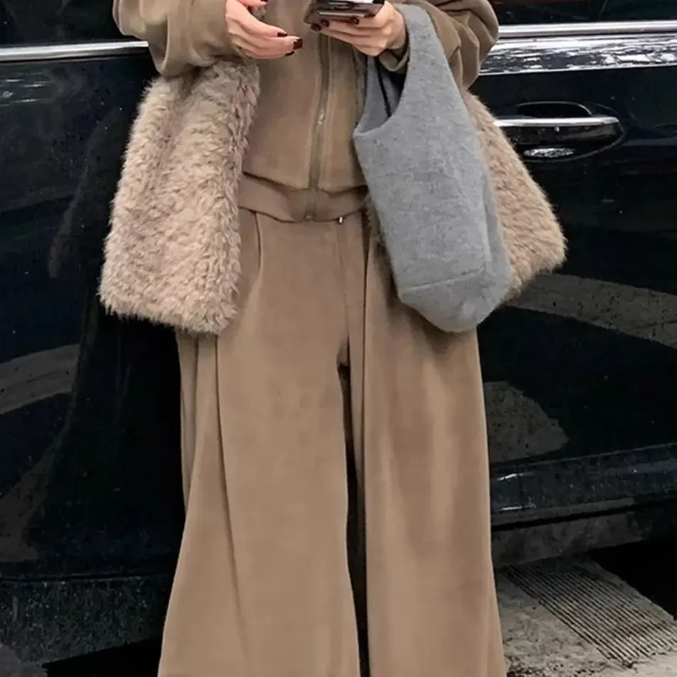 冬季韩系摇粒绒毛毛马甲卫衣外套保暖休闲裤套装