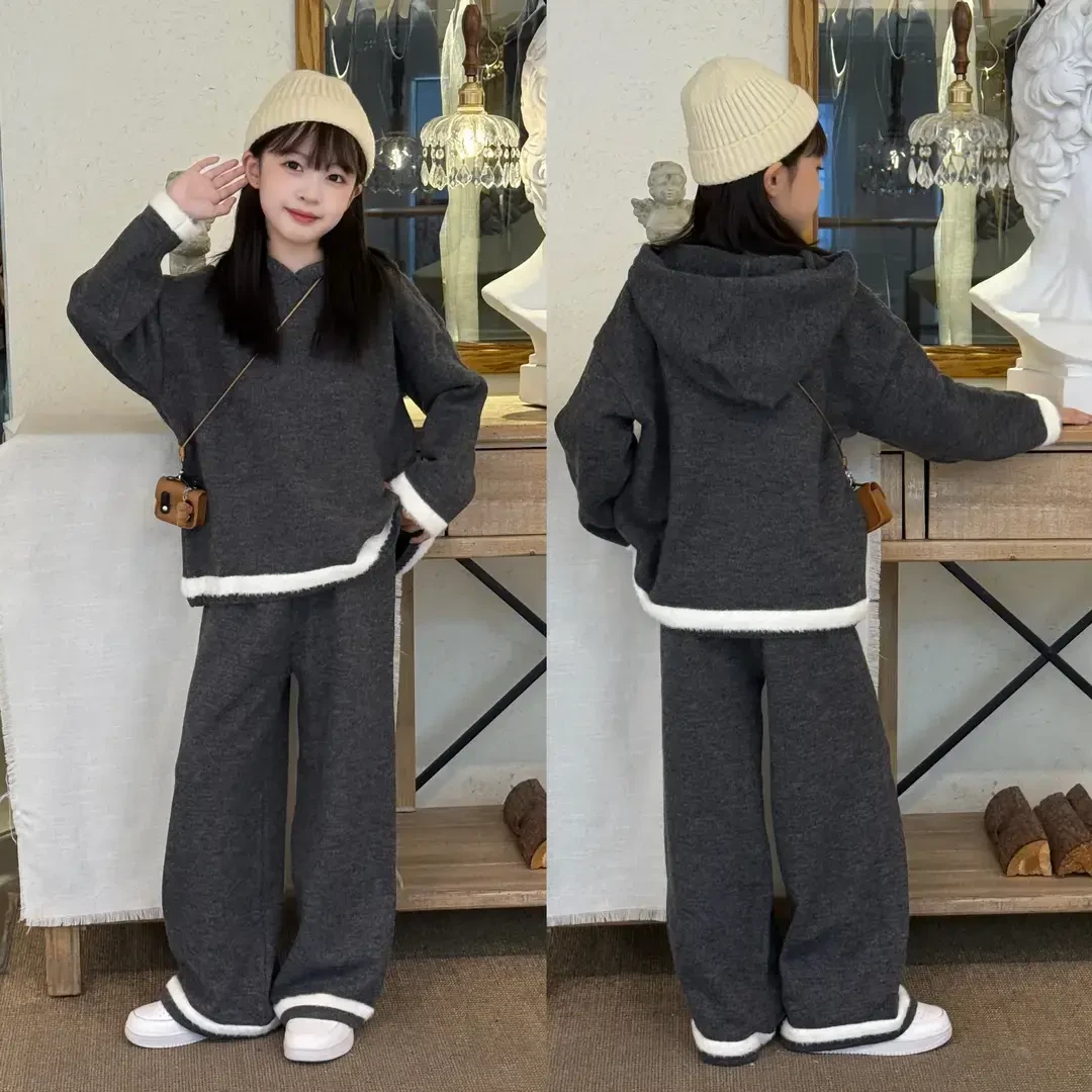 女童复古慵懒风撞色毛衣套装秋季2025新款连帽针织衫高腰阔腿两件
