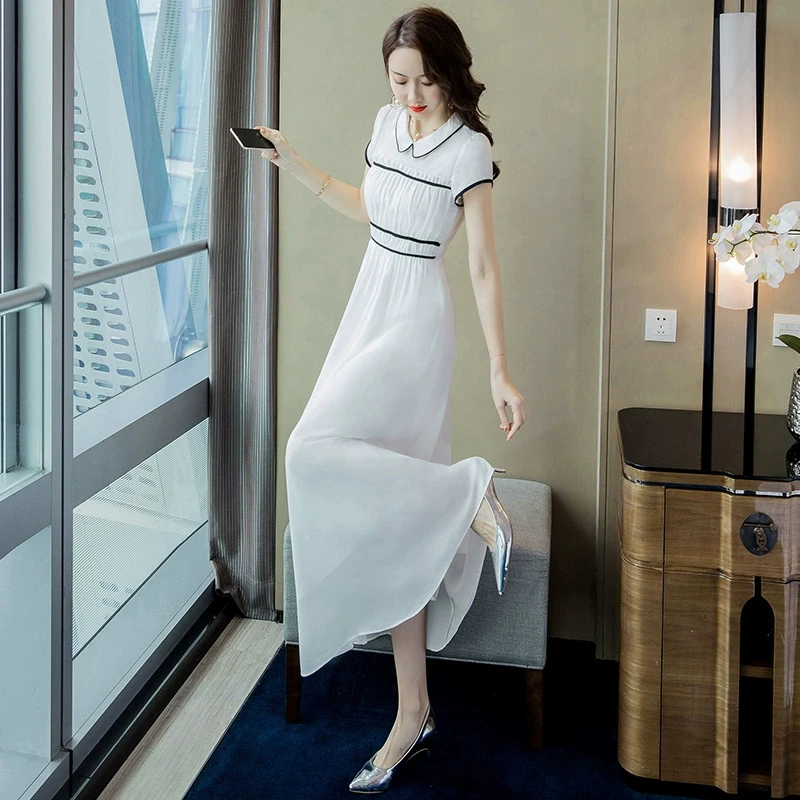 职业衬衫连衣裙修身显瘦小清新衬衣裙子女夏2025新款白色雪纺长裙