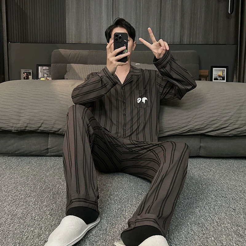 2025新款莫代尔男士睡衣长袖春秋款条纹开衫薄款家居服套装高级感