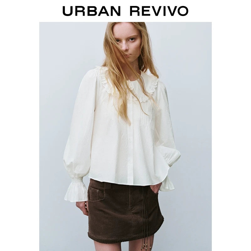 UR2025春季新款女欧若风甜美蕾丝花边娃娃领开襟衬衫UYL250005