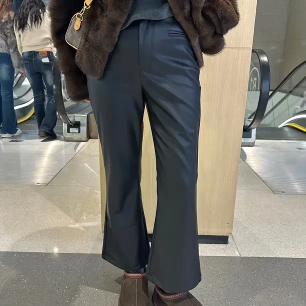 冬季加绒复古微喇皮裤 显瘦百搭