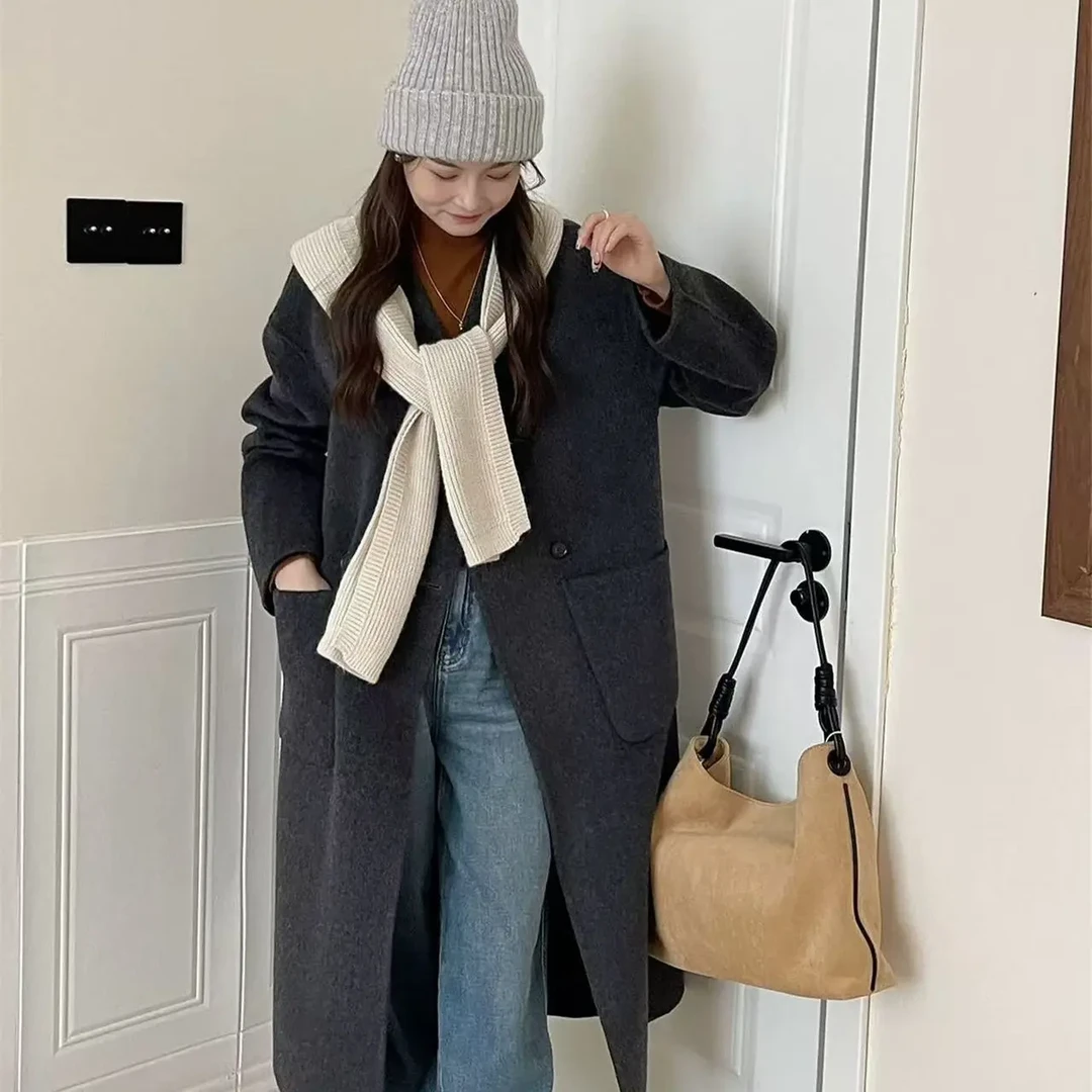 秋冬新款韩系双面羊绒围巾款时尚长款过膝大衣外套