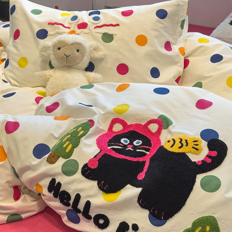 【朵罗塔】可爱小猫多巴胺毛巾绣全棉床上四件套100%纯棉被套床单款