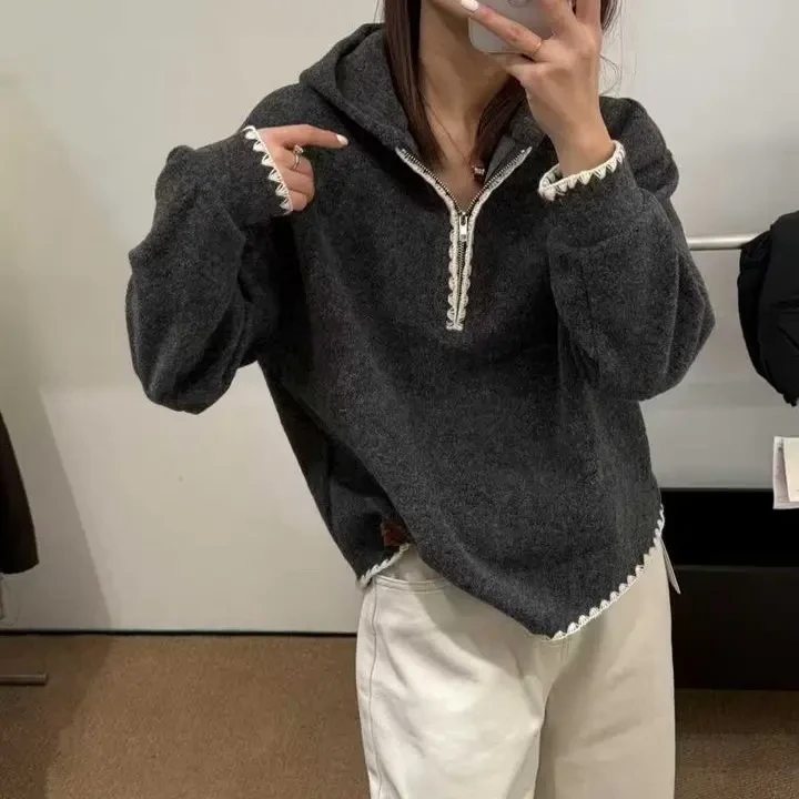 女连帽长袖宽松型慵懒风毛针织衫套头毛衣秋冬