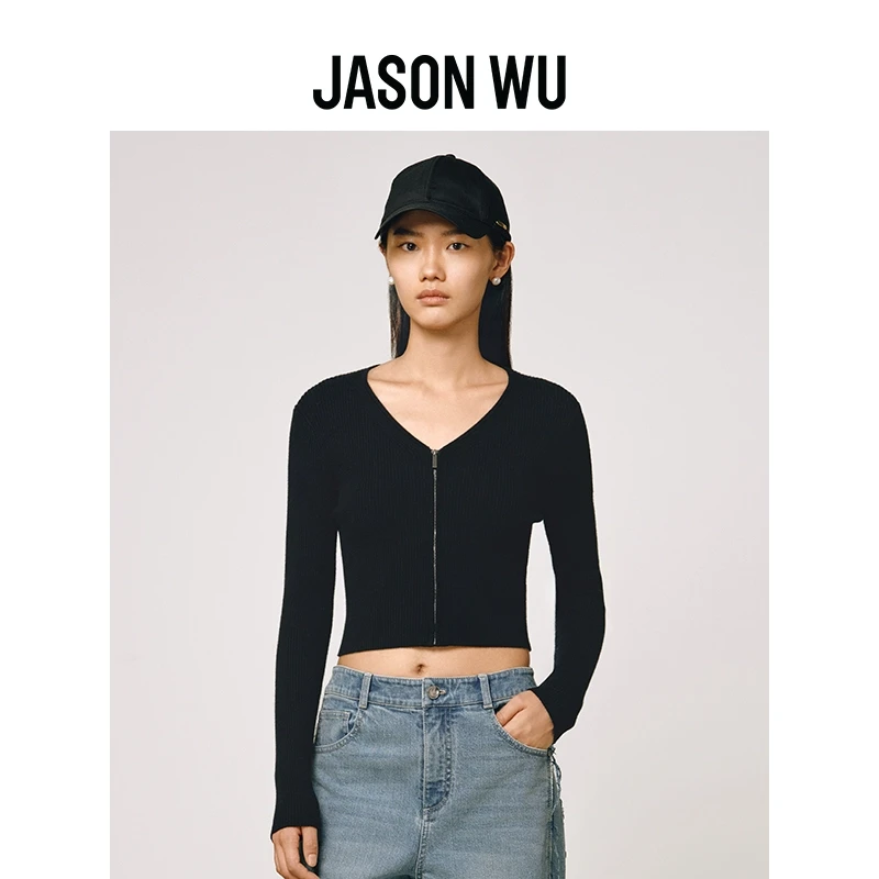 【春季新品】JASON WU 24年新款绵羊毛V领拉链修身上衣针织短开衫女