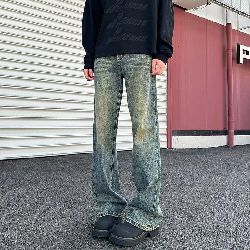 美式高街cleanfit复古水洗做旧牛仔裤男潮牌直筒微喇显瘦vibe裤子