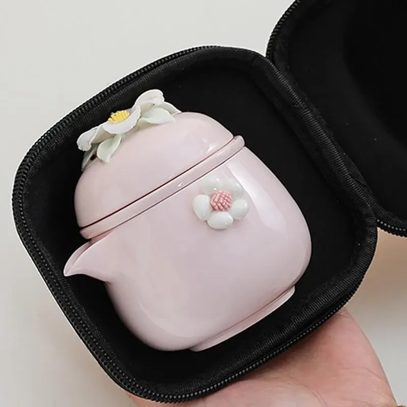 旅行茶具套装女士精致功夫茶杯户外快客杯粉色捏花泡茶壶H355