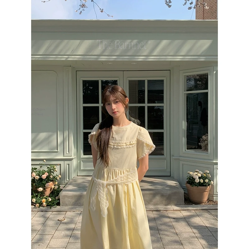 霍里德地图"杏仁莎布蕾"蕾丝花边木耳边连衣裙花瓣袖短袖裙子女