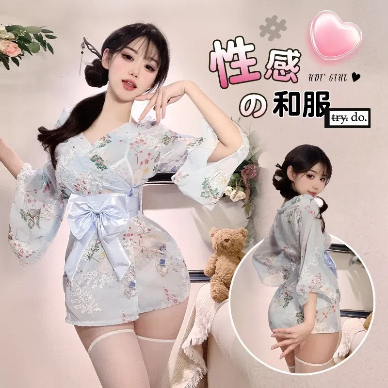 新款情趣内衣性感汉服刺绣樱花和服日系蝴蝶结诱惑制服透视睡袍