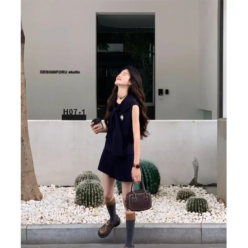 温婉大方衣服2025夏季韩系时尚高级感无袖上衣配披肩高腰半身裙女