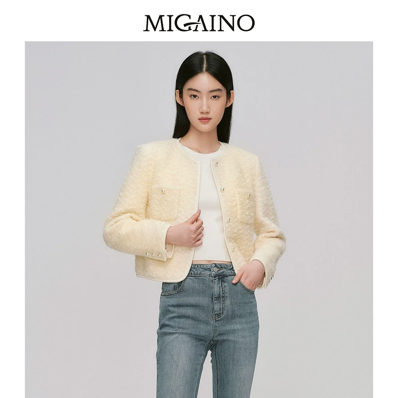 Migaino曼娅奴女装冬季新款圆领优雅时髦肌理感小香风外套