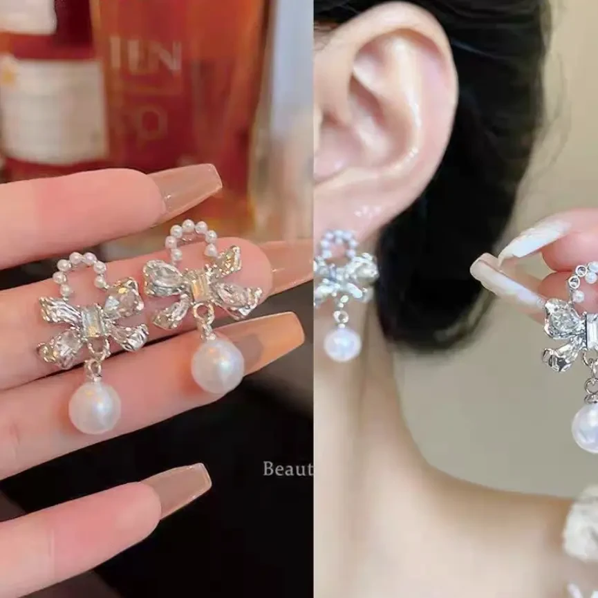 合金仿珍珠耳饰 【花花家】蝴蝶结珍珠女气质轻奢小众百搭耳钉耳饰
