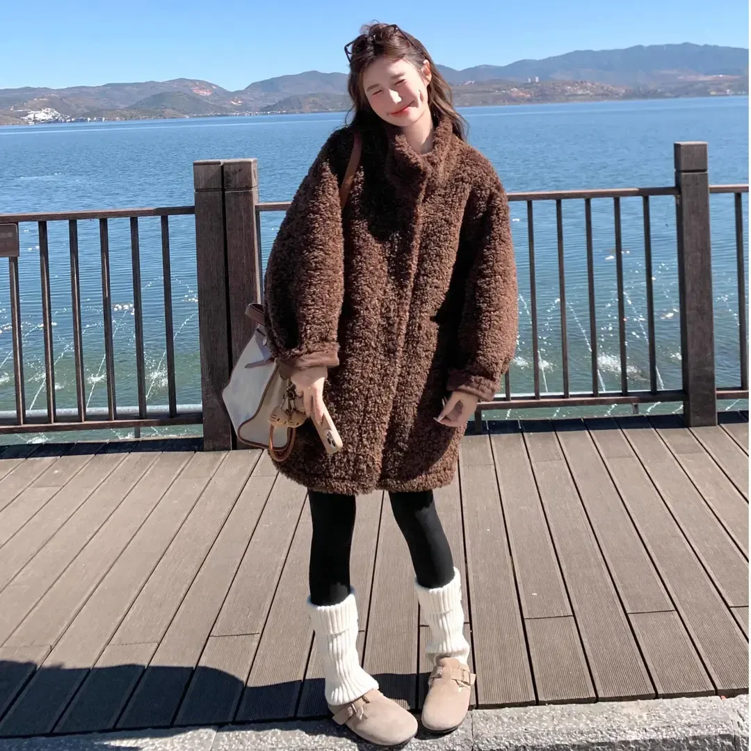 中长款常规长袖洋气保暖秋冬装韩版加绒外套毛毛外套皮毛一体