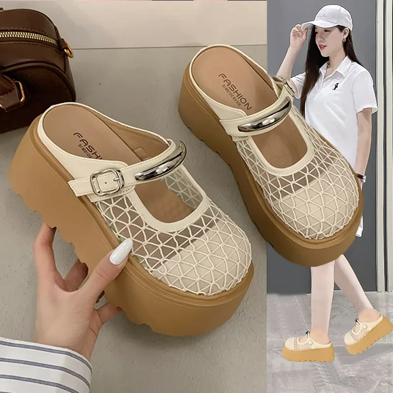 增高7cm包头拖鞋外穿2025夏季百搭透气一脚蹬勃肯半拖配裙子凉鞋