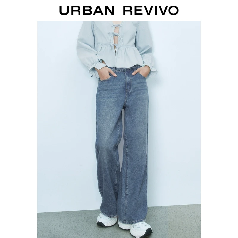 UR2025秋季新款女装复古水洗系带猫须牛仔长裤UYY850053