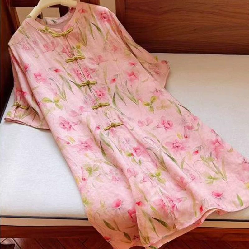 复古盘扣苎麻内里包边印花中长款衬衫女夏