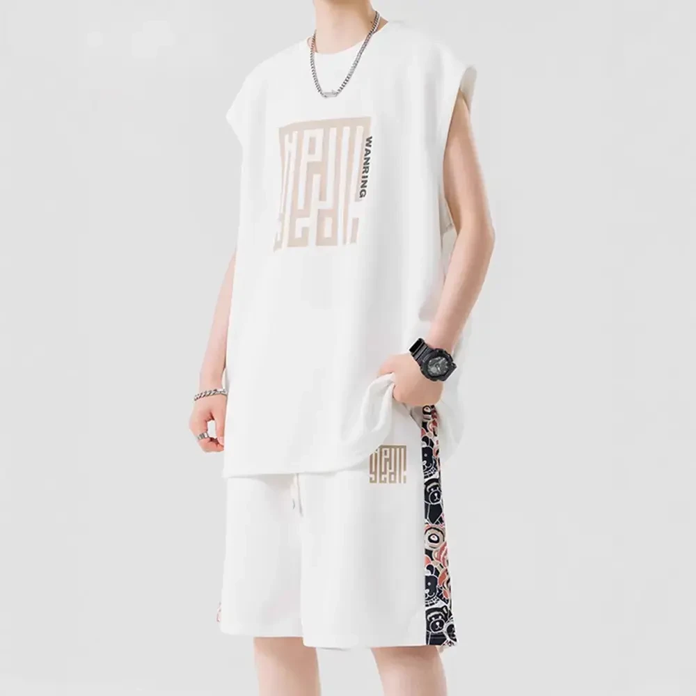 夏季款新款大码休闲舒适运动潮牌宽松百搭印花短袖短裤套装帅气