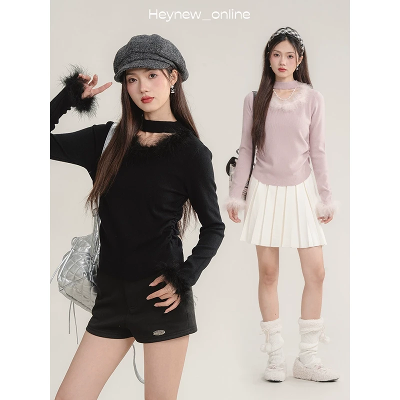 【有现货】毛绒绒拼接挂脖长袖针织衫冬季显瘦打底上衣4D357