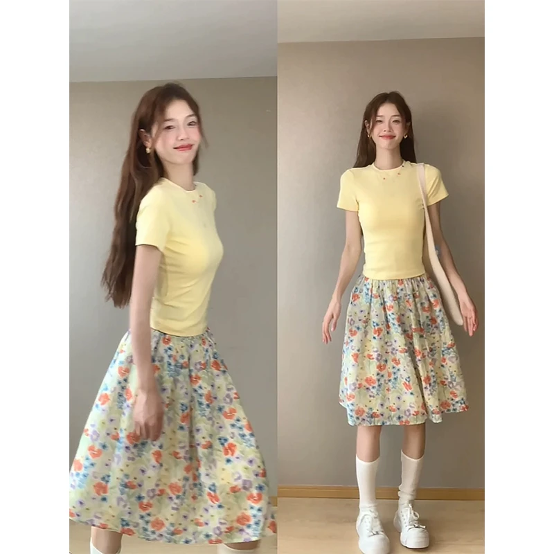 碎花半身裙女夏a字五分短裙多巴胺2025初夏日穿搭绝美半裙子套装