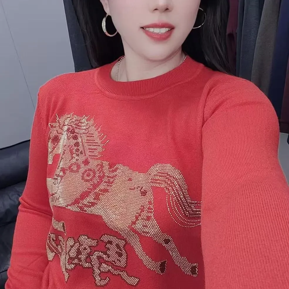 马到成功烫钻修身型女针织常规款毛针织衫毛衣时尚打底衫百搭毛衣