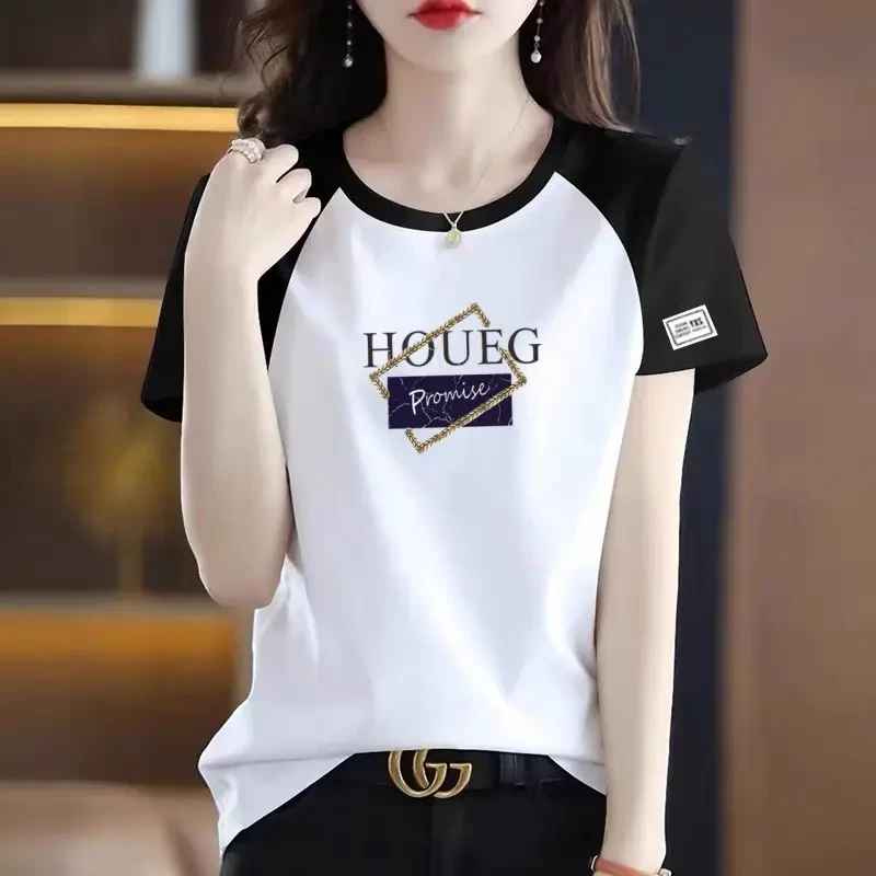 【米林鸟】短袖t恤女士夏季新款宽松大码胖mm洋气拼接撞色半袖上衣