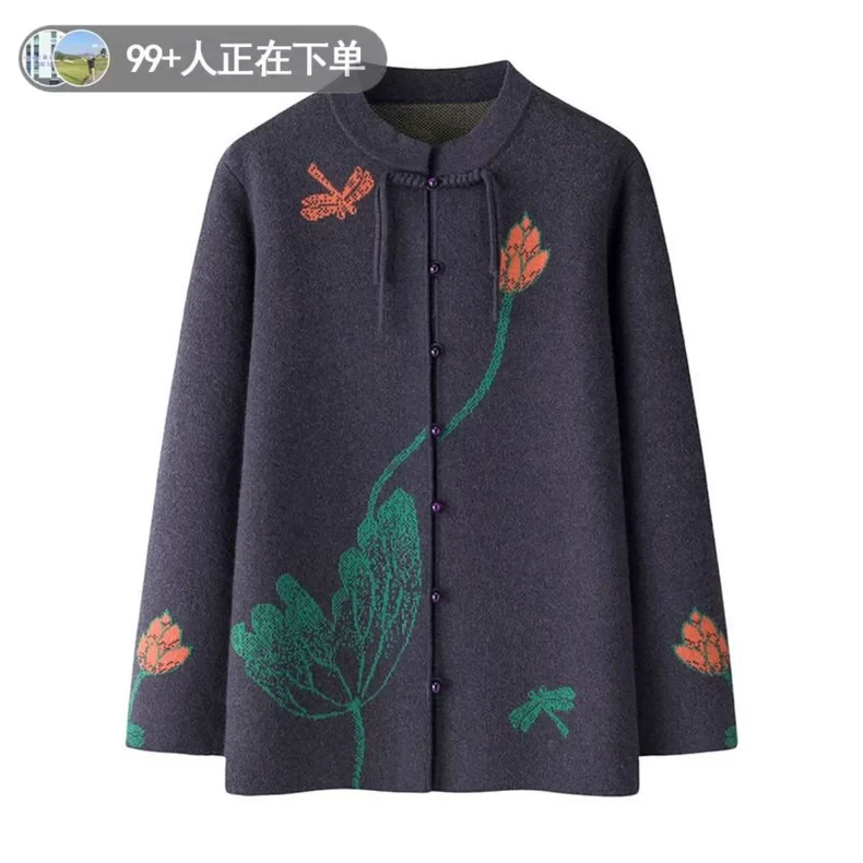 新中式中老年妈妈装国风羊毛衫女士圆领针织开衫加厚奶奶毛衣外套