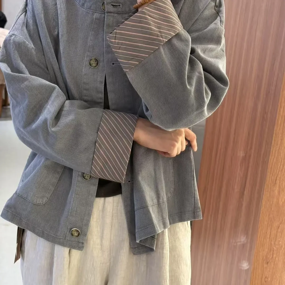 30169-简约通勤格纹拼接外套女圆领翻袖设计显瘦夹克上衣（含亚麻）
