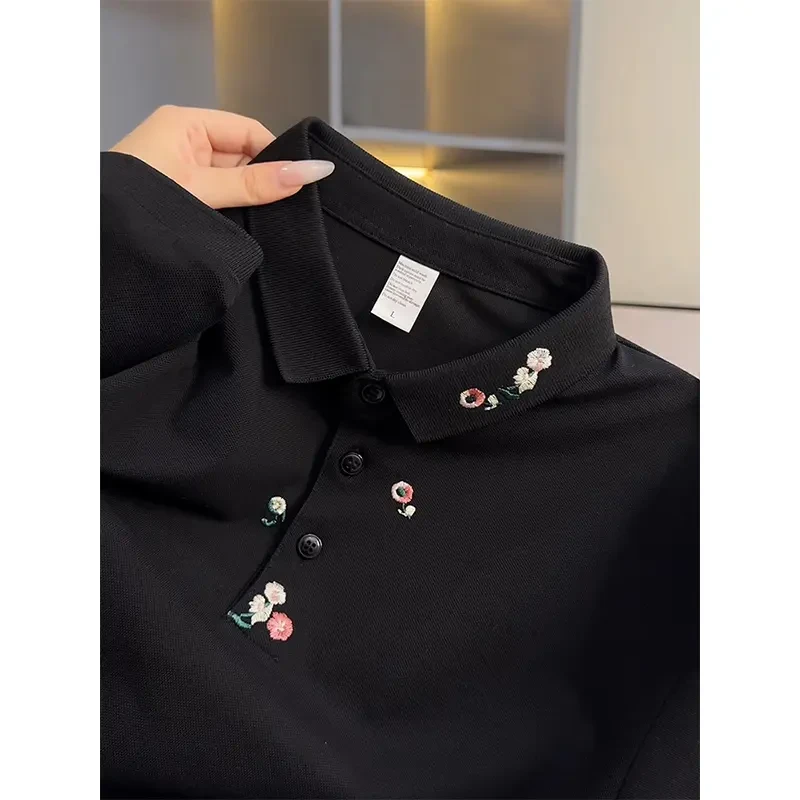 黑色花卉刺绣polo衫短袖男士夏季痞帅高级感T恤翻领重磅美式半袖