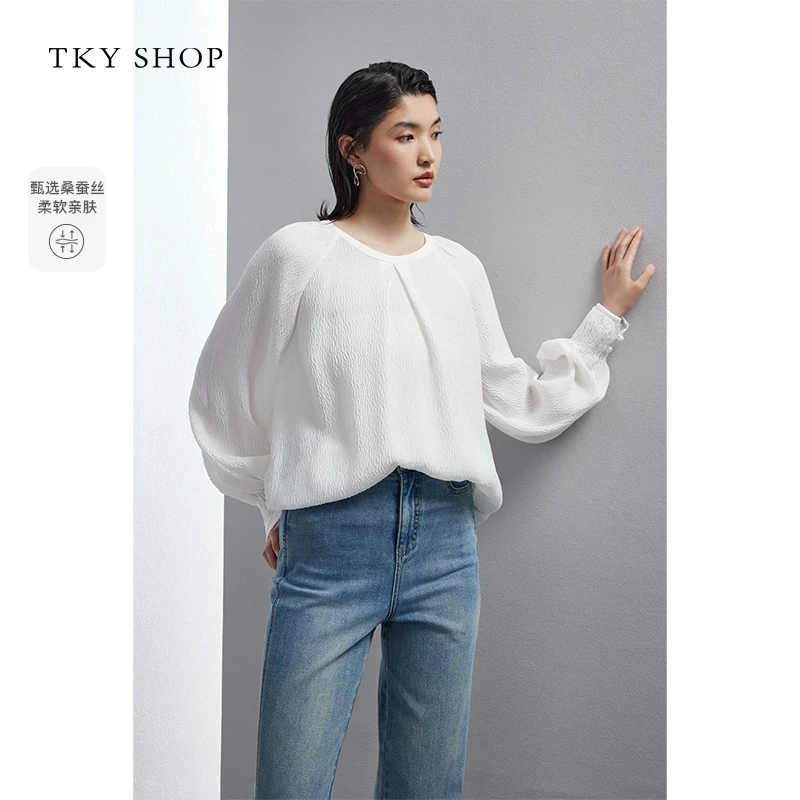 TKYSHOP满分桑蚕丝肌理感圆领长袖衬衫上衣秋季静奢 10H1JA03N003