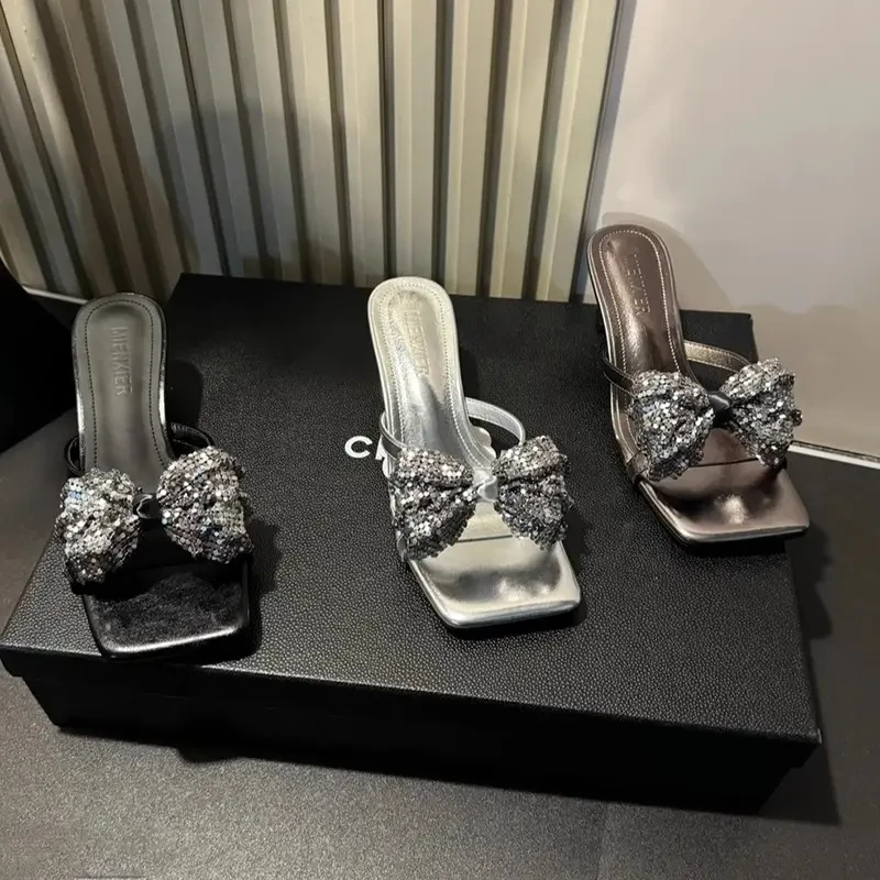 2025夏季新款小众设计高级蝴蝶结时尚百搭舒适高跟爆款凉拖复古