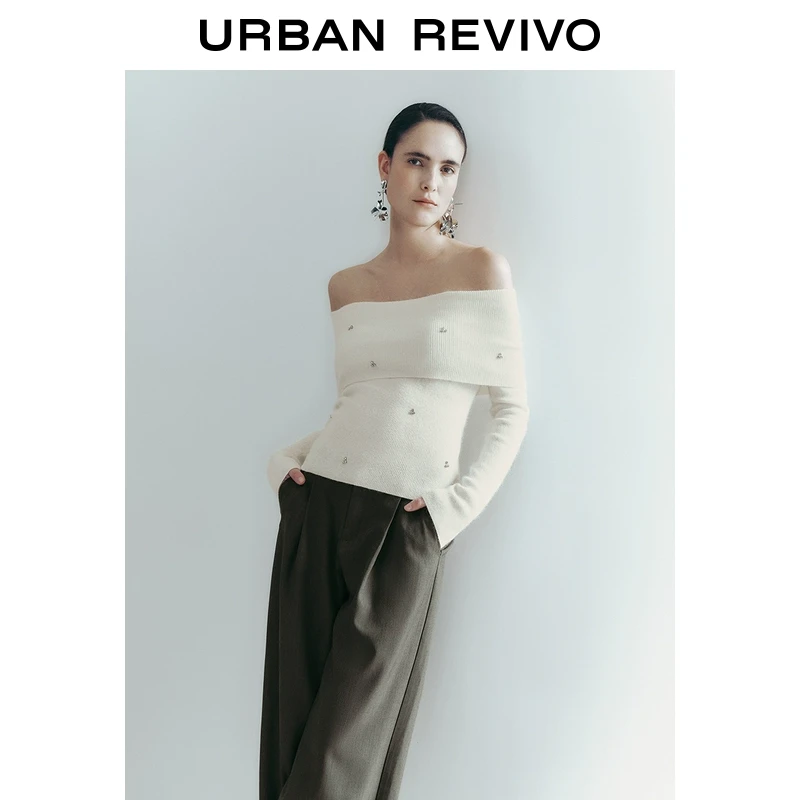 UR2025春季新款女装欧若风氛围感钉珠饰一字领针织衫UWG950017