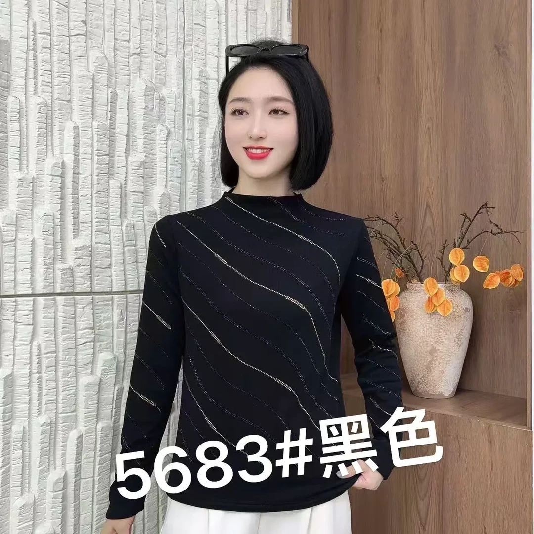 秋季长袖纯色水波浪烫钻一体绒半高领女上衣内搭打底