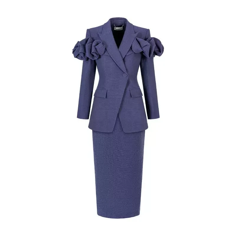 MAGGIE MA马婧出席正式场合女士服装蓝高贵气质修身套装896C/985B