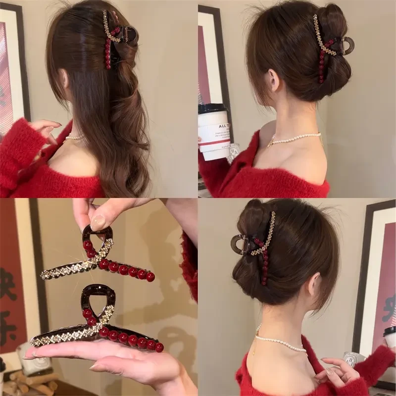 熹金新年红色闪钻抓夹女2024新款发夹后脑勺高级感盘发鲨鱼夹头饰