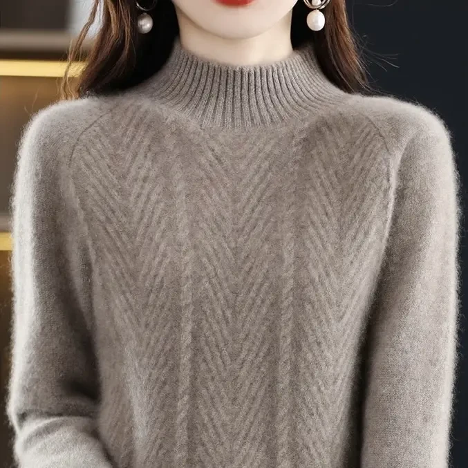 鄂尔多斯市产重磅羊绒衫女半高领加厚宽松提花毛衣针织百搭打底衫