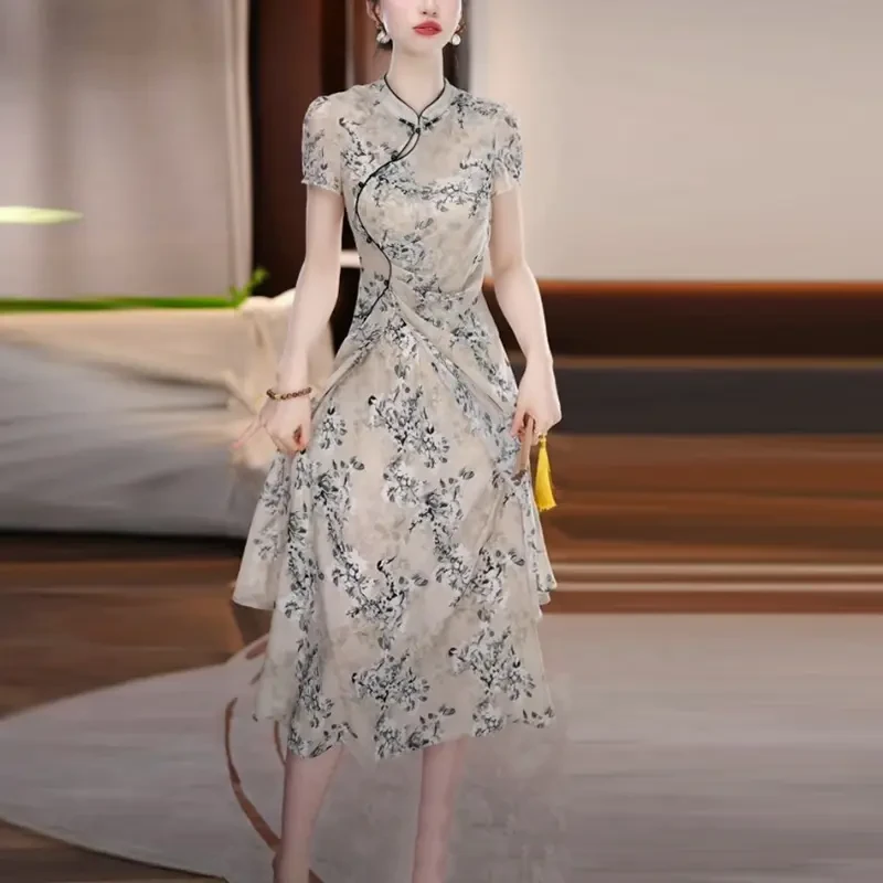冰竹丝新中式改良旗袍2025夏季新款时尚短袖修身复古日常连衣裙子
