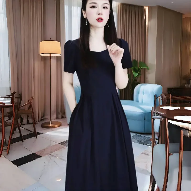 优雅时尚气质短袖裙子中长款裙子显瘦收腰裙夏季短袖赫本风连衣裙