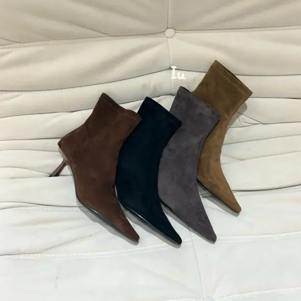 2025秋季一脚蹬细跟高跟磨砂尖头套筒短靴秋冬气质靴子复古港风