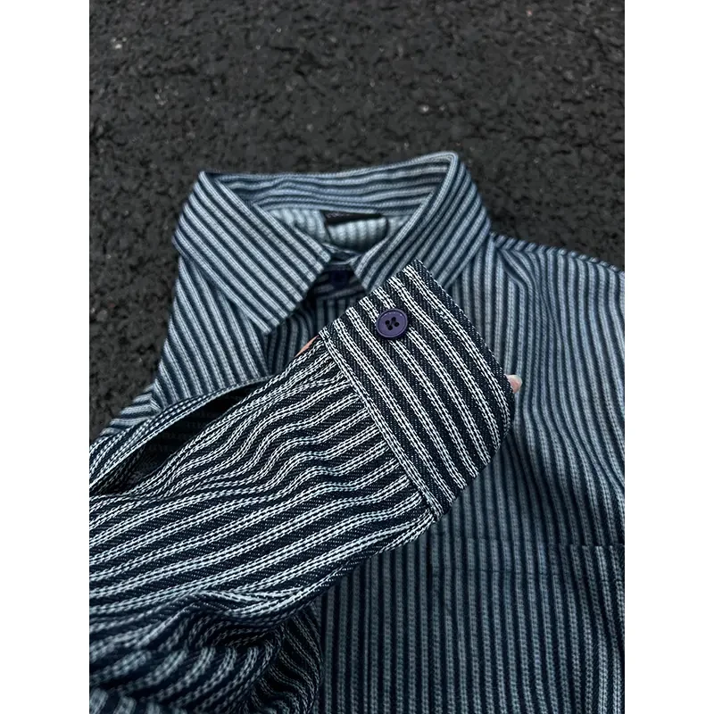 蓝色条纹牛仔衬衫男款春秋季复古高级感cleanfit叠穿美式衬衣外套