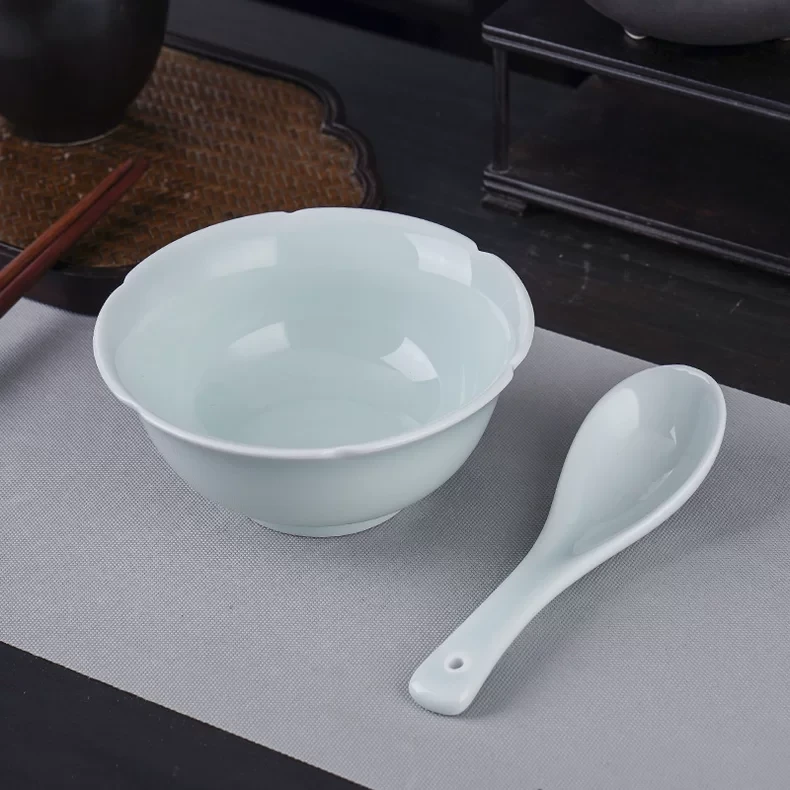 景德镇五花马仿宋葵口花边碗湖田窑影青瓷简约单个米饭碗小勺碗