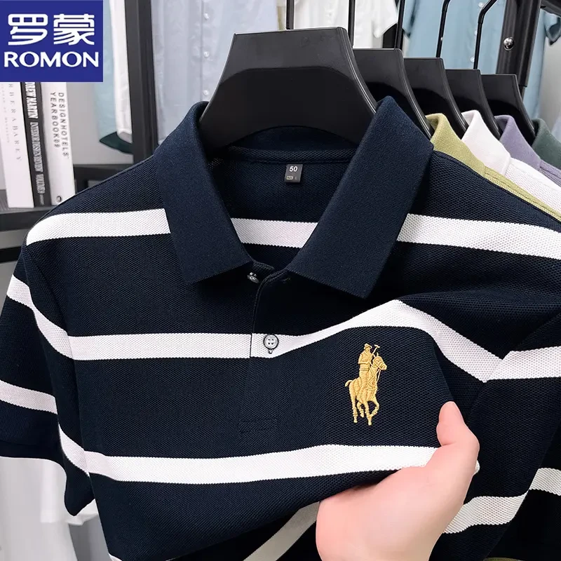 罗蒙夏季薄款透气刺绣撞色POLO衫男士休闲百搭短袖T恤翻领上衣男