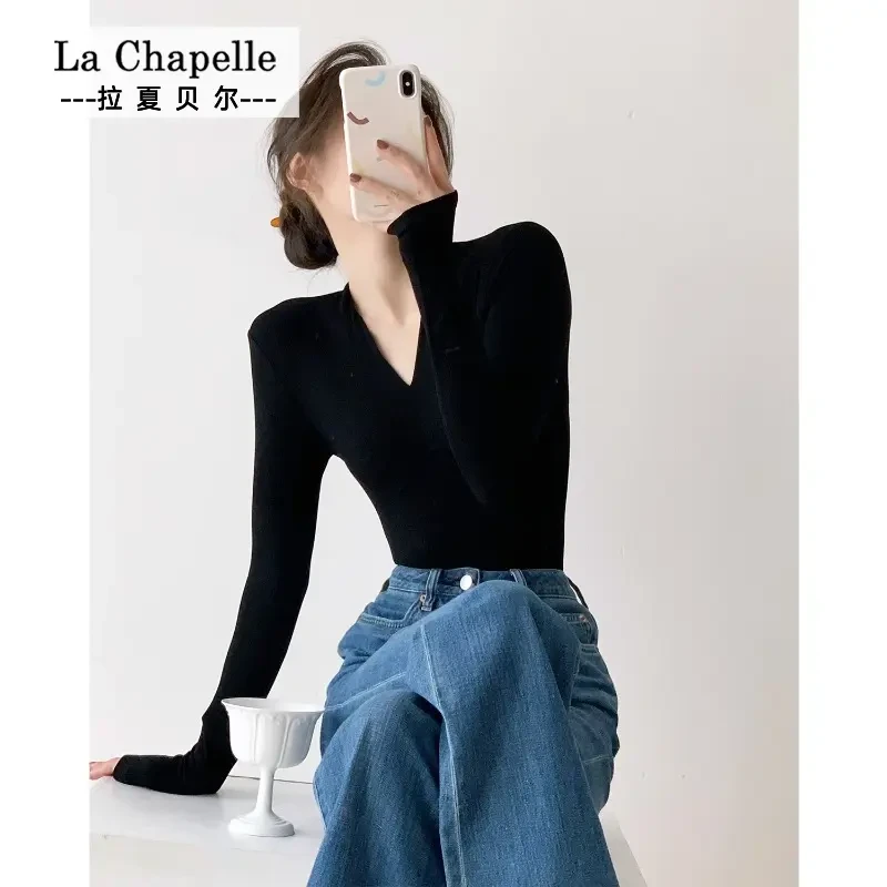 拉夏贝尔纯色领打底衫女洋气修身显瘦T恤打底衫女打底内搭女长袖
