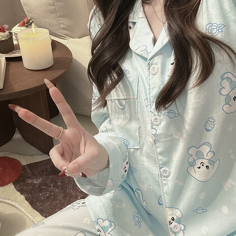 日系萌宠狗狗带胸垫一体睡衣女款春秋季云朵棉长袖夏天居家服套装