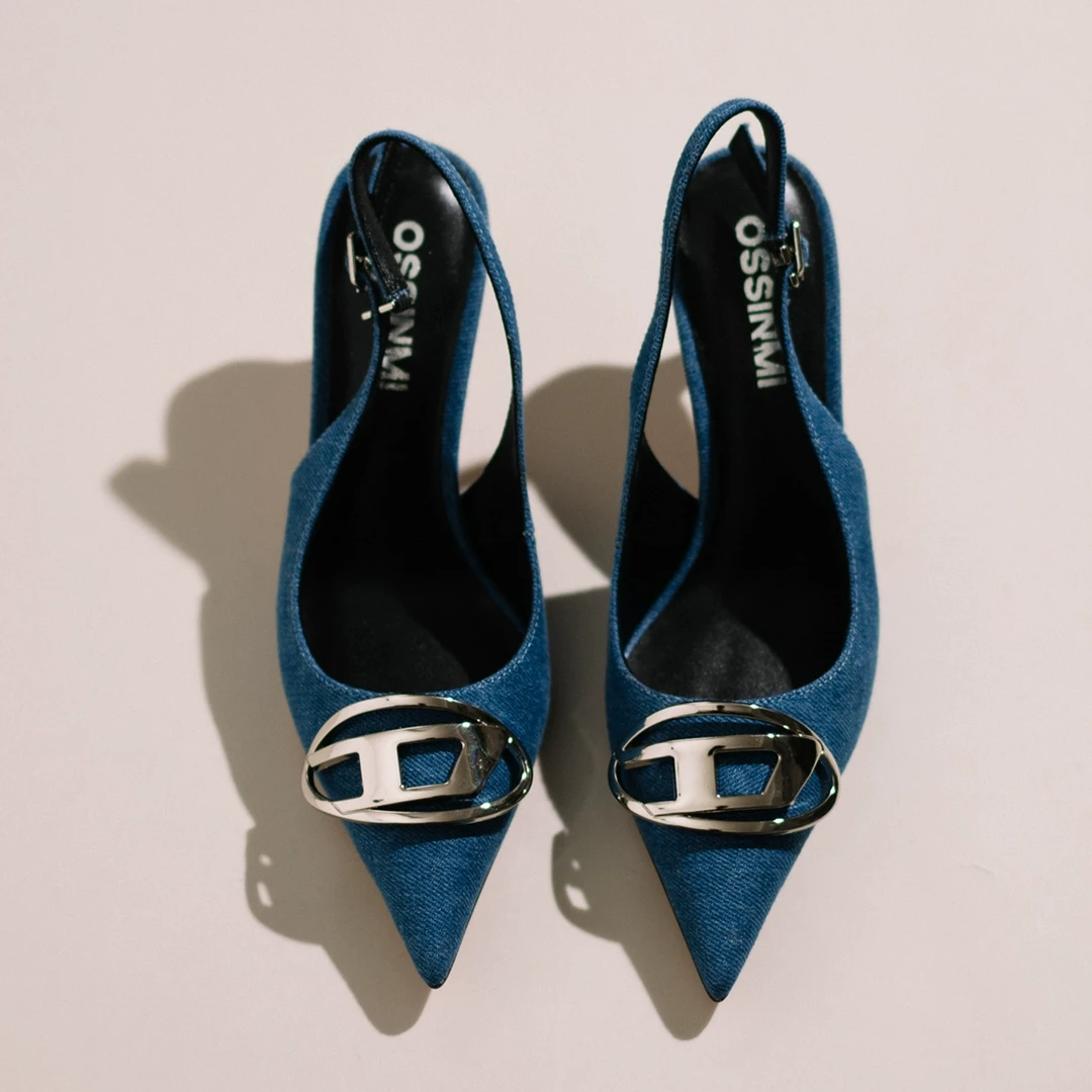 【时装周秀款高跟鞋】真皮尖头金属扣后空细跟包头凉鞋女23ZUAI41